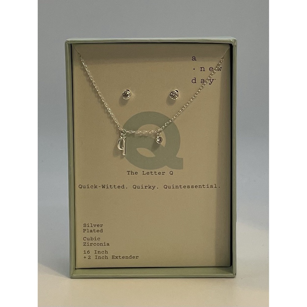 A New Day Silver-Plated 16" Initial 'q' Necklace & Cubic Zirconia Earrings Set
